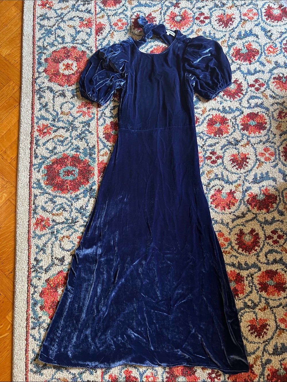 Reformation Navy Velvet Maxi Dress with Puff Sleeves